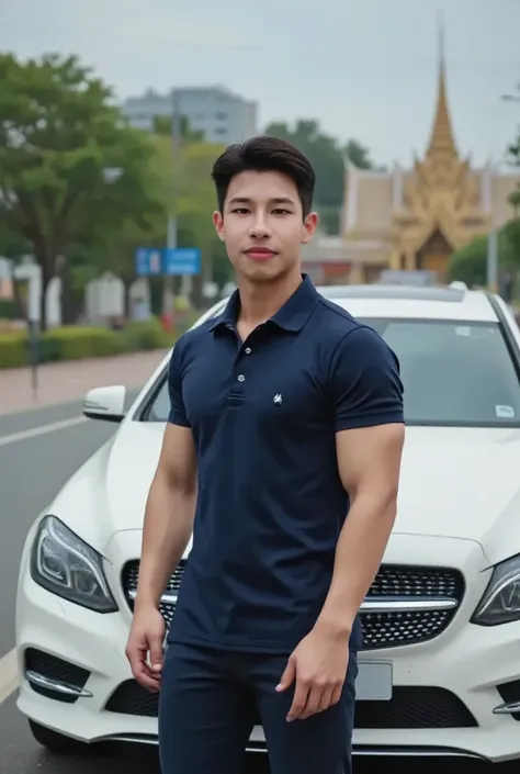 sex, masculine, Age 32 years, (Model, Byeon Woo-seok, South Korean celebrities), (bestquality:1.2, 8k resolution, highres:1.2), (asian, korea, handsome:1.4),  navy polo shirt, Short black hair, Good looking, Fair-skinned, Formal dress code, (On the road at...