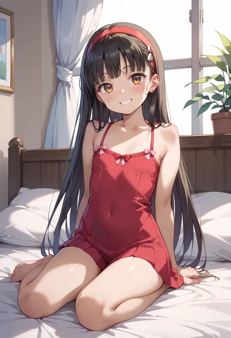 (( top quality)), (( Masterpiece)), (be familiar with),  perfect face,  indoor, bedroom,  watching viewers ,
One woman,  Yukiko Aikina,
開いた口,  ecstatic expression, blush, smile,
 small tits,  flat chest, Young girl,  lori,  s,  girl,
 long hair,  long hair...