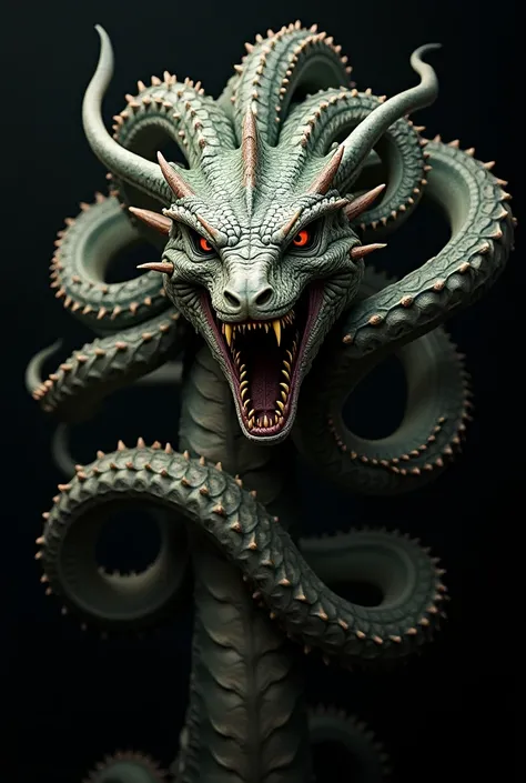 Rebel close-up portrait of furious LERNE HYDRA  Dragon where its multiple tenacious refers as multiple emotion and picture it in a way its trying to control its emotion in black background