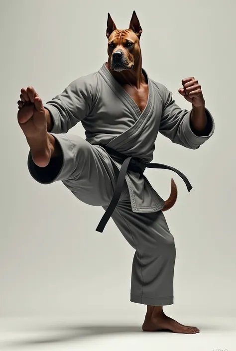 A anthrophomic Cane Corso. Wearing a grey karate outfit. Doing a martial arts kick pose. 