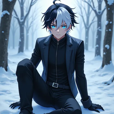 anime cute man 18-year-old, clean design, intricate details, (glowing blue eyes), short parted white/black hair, black iconic outfit, aggressive look, 8k resolution, snowing background, full body, sitting