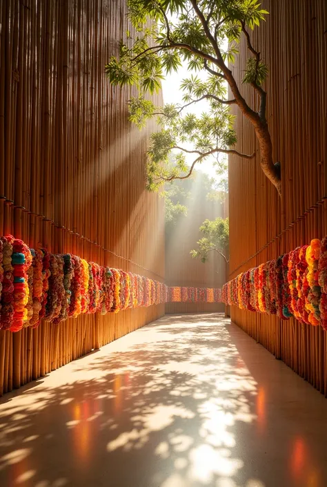 The exhibition Gallery should be about 100'x100'x100' and bangles are reflecting with the natural light and bambooo wall with light play with khati and shitol pati exhibit natural sun light 