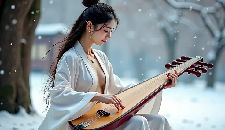 A sexy woman, showing half of chest, wearing a white, thin, and elegant Chinese traditional outfit, gracefully playing a guzheng under a tree while snow falls gently around her. Her long, flowing hair moves slightly with the breeze, and her delicate finger...