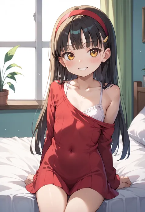 (( top quality)), (( Masterpiece)), (be familiar with),  perfect face,  indoor, bedroom,  watching viewers ,
One woman,  Yukiko Aikina,
開いた口,  ecstatic expression, blush, smile,
 small tits,  flat chest, Young girl,  lori,  s,  girl,
 long hair,  long hair...