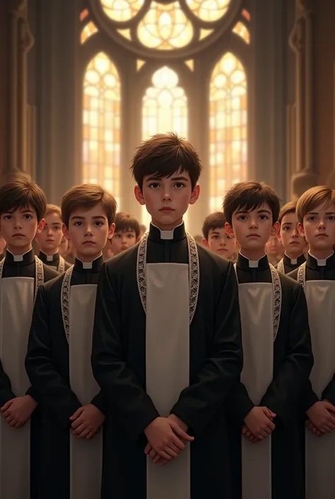 Group of male altar boys in black suits and white roquette 