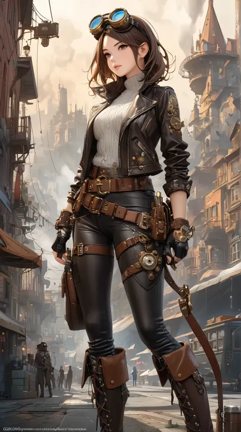 ((  top quality)),(  Ultra High Resolution),(  very detailed),(   detailed explanation  ),((  best CG  )),(  Best Artwork  ), Ultra-precise art,  Amazing Art of Painting,(Exquisite art:1.5),  woman,  goggles,  leather jacket, holster,  tight pants,  long b...