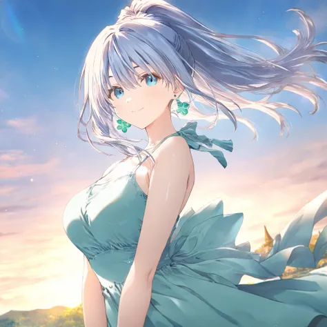 1girl, beautiful, Smile, Sky blue hair,Very long high ponytail hair, medium hair, mint turquiose eyes, Mint dress, turquiose earrings, breasts, wind,fantasy, game CG, break,(artist:mitsumi_misato),artist:fujiyama,artist:kokonoka, break,(masterpiece), (best...