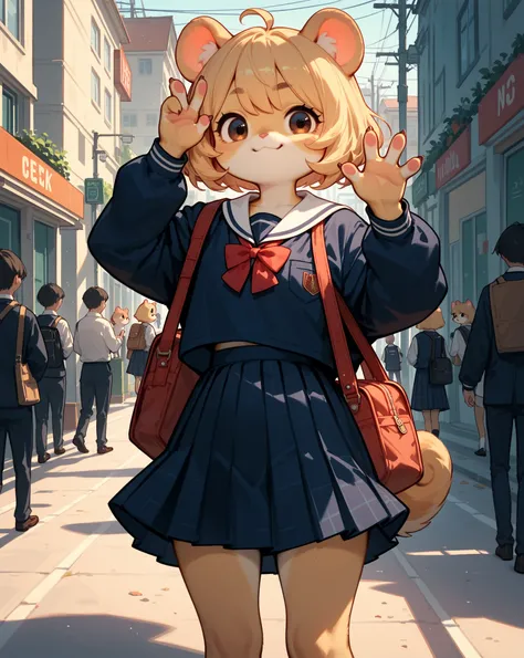 furry hamster girl , school uniform , ok hand sign