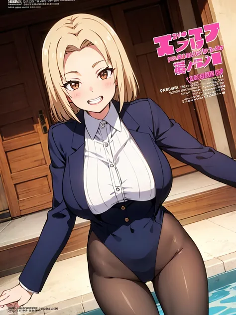 1girl, solo focus, brown eyes, grin, looking at viewer, very flirty, mature female, large breasts, Senju Tsunade, masterpiece, best quality, high quality, magazine cover, fake magazine cover, cover, fake cover, price, cover page, text focus, barcode, conte...