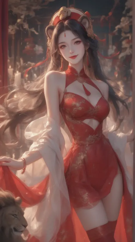 night,Ancient Chinese Living Room ,A beautiful Chinese goddess ， wearing a red sexy festive fancy dress ,preauricular hair,  long hair ,  Exquisite cheeks ,  Headband Dancing Lion Hat ,Chest,  Wearing a Red Sexy Festive Fancy Dress,Bare waist,Red Stockings...