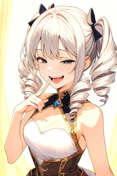 Draw an anime-style illustration　 teen　 beautiful girl　 silver hair　curl　 drill hair　 laughs innocently　 open your mouth wide 　Happy face with squinting eyes　 fantasy　Adventurer&#39;s Outfit　Equip a sword　The background is forests and mountains　 blue sky