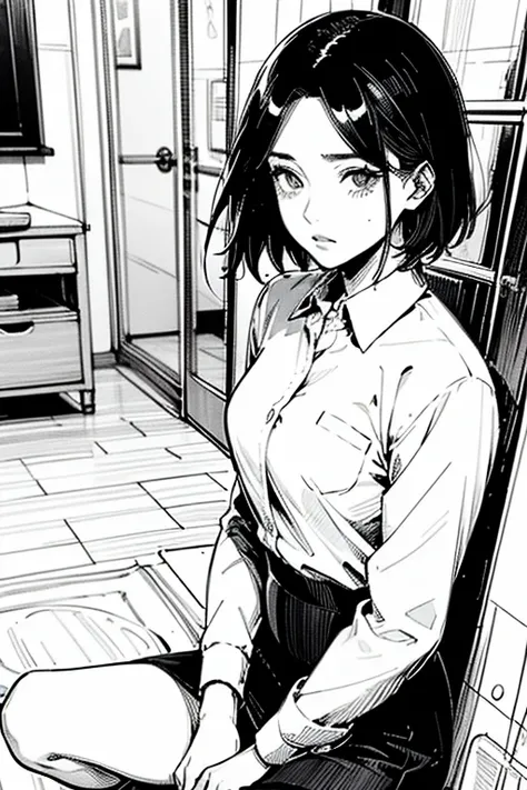 Line drawing,  manga style, black and white,  monochrome , clean smooth lines, masterpiece, one woman, white long sleeve business shirt, tight skirt, short hair, ((business shirt)), black hair, 30 years old,  cold expression、Beautiful Susukiyuki 、City