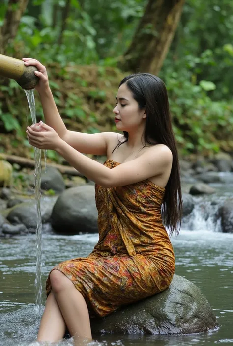 A beautiful woman with long, wet hair is sitting on a rock under a flowing bamboo pipe in a lush, green natural setting. She is rinsing her hair under the clear, rushing water coming from the bamboo pipe. She is wearing a traditional patterned sarong wrapp...