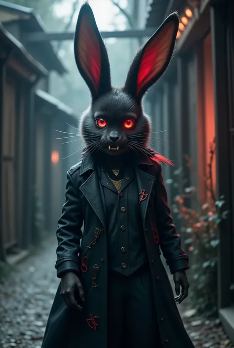 A creepy vampire bunny in the style of Novoshukhroma, hyper-realistic, intricate details, sharp fangs, piercing red eyes, glowing fur, dark gothic atmosphere, dramatic lighting, moody colors, cinematic composition, masterpiece, best quality, 8k, ultra-deta...