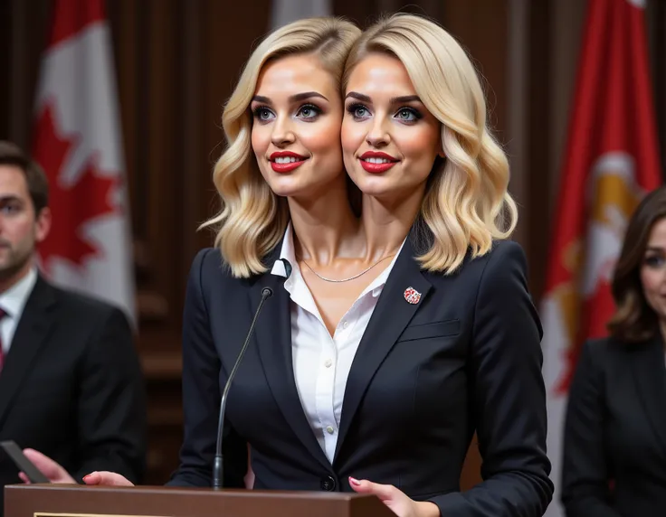 realistic face two headed Caucasian female with blonde hair and blue eyes a in business suit, Canadian prime minister, very fit, two heads, conjoined twins, white polo shirt, big breasts, speaking at podium, canadian flag pin on blazer, red fingernails, re...