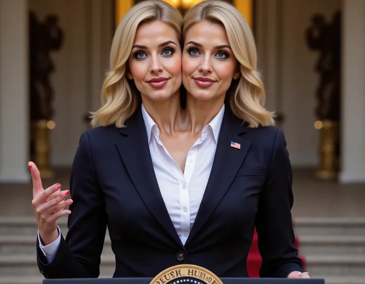 realistic face two headed Caucasian female with blonde hair and blue eyes a in business suit, us president, very fit, two heads, conjoined twins, white polo shirt, big boobs, speaking at podium, podium with potus seal, inaguration, us capitol, us flag pin ...
