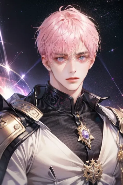 male, handsome face, tall, pink hair, purple eyes, charming gaze, cool style, looking at the viewer, galaxy background, sharp eye details, sharp face details, body details, make clear pictures, make 4k and 8k pictures