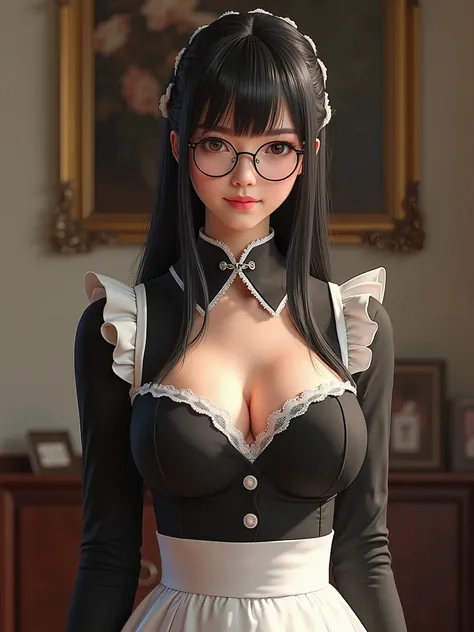 black hair straight long glasses maid big boobs