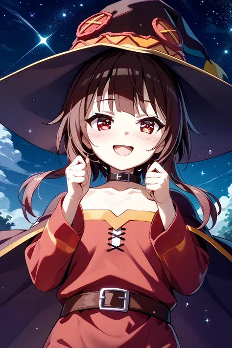 anime girl wearing a witch hat、Megumin、Flirty anime The magic of witch chanting 、 Dynamic Poses 、 Character Focus、Wet、 open your mouth、smile、 upper body、、 lean forward、、KonoSuba、whole body、 anime style、 anime style4k、 Anime Moe Art Style 、 Cute Girl Anime...