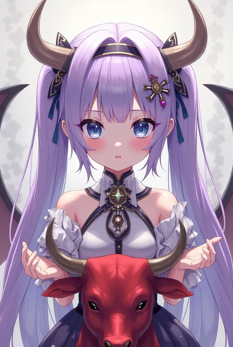 kanna kamui, long hair, bangs, blue eyes, hair ornament, twintails, blunt bangs, low twintails, light purple hair, beads, dragon girl, hair beads, hairband, nazi dress, red bull