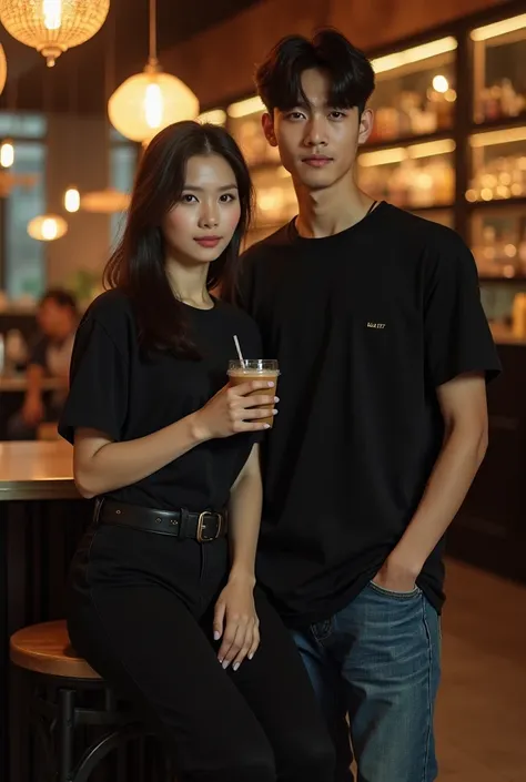 A Beautiful Young Woman White Clean Cheek Chuby Race Korean Straight Hair Wear Matching Black T-Shirt Dress With Vintage Pants Sneakers , together with a handsome young man of Korean short pop hair wearing a matching casual shirt with jeans  , the woman si...