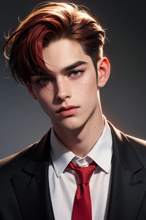  young handsome guy .  eyes slightly covered , languid look,  orange . Hair is dark red,  combed back .  pale skin , freckles. Wearing a red tie shirt. on a dark background, like it's a portrait. 