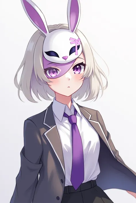 Make an anime character wearing a opened blazer and purple tie with white shirt, fluffy hair, half bunny mask with purple eye and ear