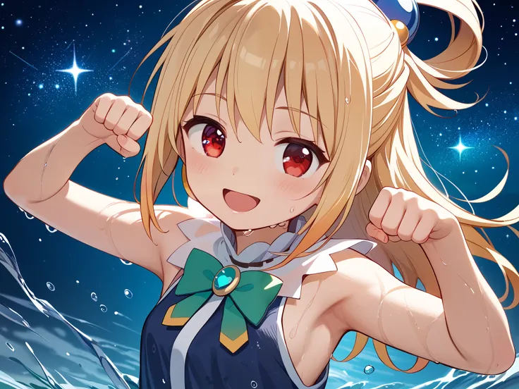 One woman,, Dynamic Poses ,キOne woman,, Dynamic Poses , Character Focus, wet, open your mouth, smile, upper body,, lean forward, close-up,、Konosuba anime style、 anime style 4k、 Anime Moe Art Style 、 Cute Girl Anime Visual 、 red eyes、 beautiful backgrou...