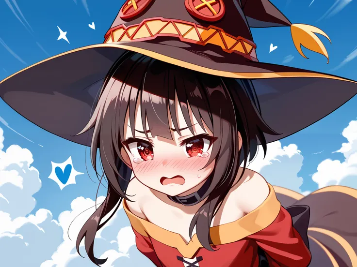 anime girl wearing a witch hat、Megumin、 Flirty anime witch chanting magic 、Konosuba anime style、 anime style 4k、 anime moe art style 、 cute girl anime visual、Black-haired mage、 red eye、Teary-eyed、 beautiful background, ( sky full of stars、 full of hearts ...