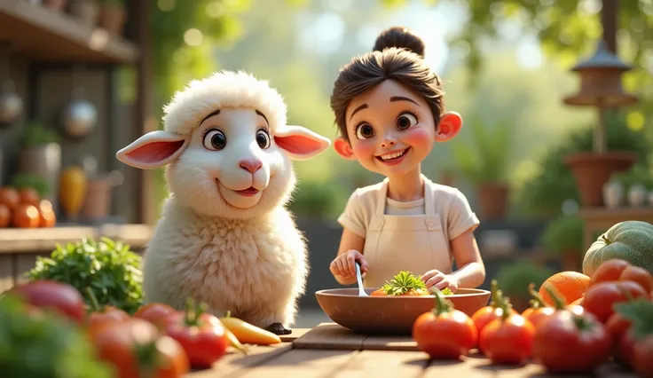 The whimsical, 3D animated fluffy white sheep with big, sparkling eyes stands with a joyful female cook wearing a white apron, coocking food in outdoor kitchen in a high contrast, bright outdoor kitchen filled with organic vegitables. The sheep’s wool is s...