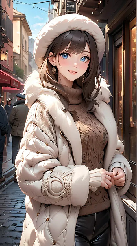 ((  top quality)),(  Ultra High Resolution),(  very detailed),(  detailed explanation ),((  best CG  )),(  Best Artwork  ), Ultra-precise art,  Amazing Art of Painting,(Exquisite art:1.5), woman,  a beautiful and well-groomed face , smile,  fur coat,  ligh...