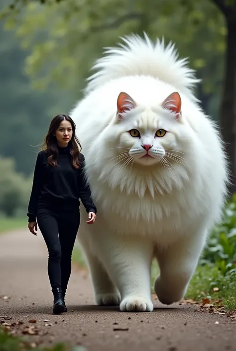 a woman dressed in black casual and walking alongside a very giant angora cat walking alongside women