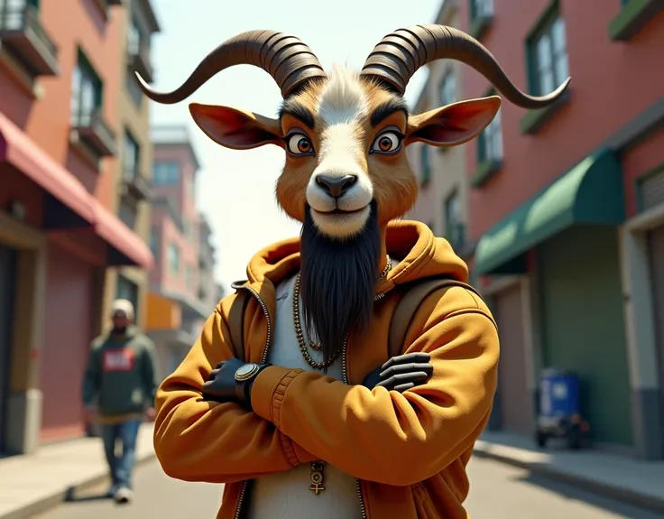 "Create an anthropomorphic goat character in a stylized semi-realistic style with an urban, street vibe inspired by rap culture. The goat should feature exaggerated facial features and expressive gestures that blend smart humor with a mature, earthy, and f...