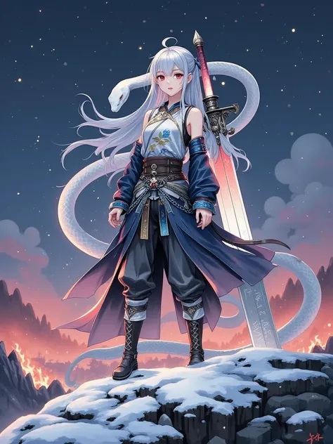 1girl, A Loli smith turns into a warrior, Her frost-soaked face was filled with traces of time and battle. Her habit is torn, and re-stitched with mismatched leather and chain-link patches, revealed a slight scar on her clavicle and a vivid tattoo. Her sho...