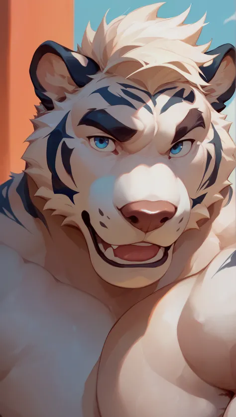 tiger archer. portrait.  head and pectoral muscle concentration. male, buff,  Broad shoulders ,   white fur,  blue highlight,, nude, Dog sheath ,  Character expression ,