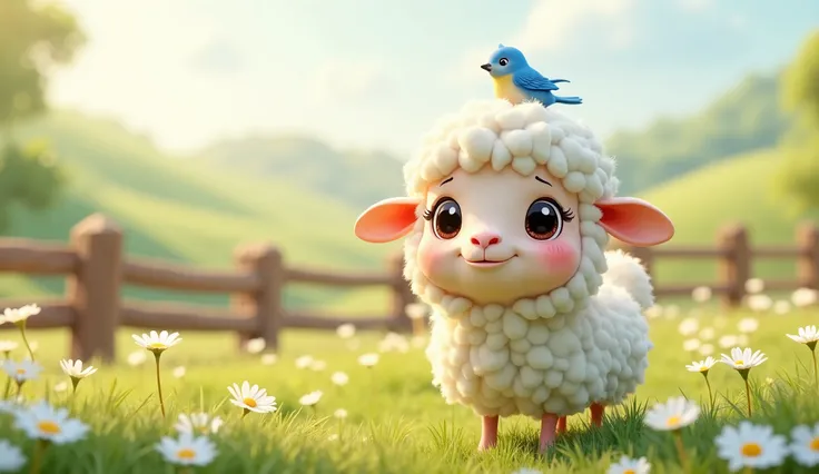 A whimsical, 3D animated character of a fluffy white sheep with big, sparkling eyes, standing in a bright, high contrast meadow filled with white daisies and soft rolling hills. The sheep’s wool is snowy white, thick, and extra fluffy, glowing under the so...