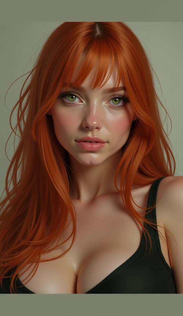 Redheaded woman with green eyes long hair straight hair chubby