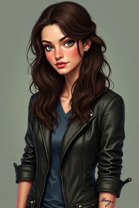 Cassie has long, wavy dark brown hair that she often wears loose or tied up in a messy bun. She has striking green eyes, a few freckles across her nose, and a lean, athletic build. Her usual style is casual, preferring leather jackets, denim, and boots. Sh...