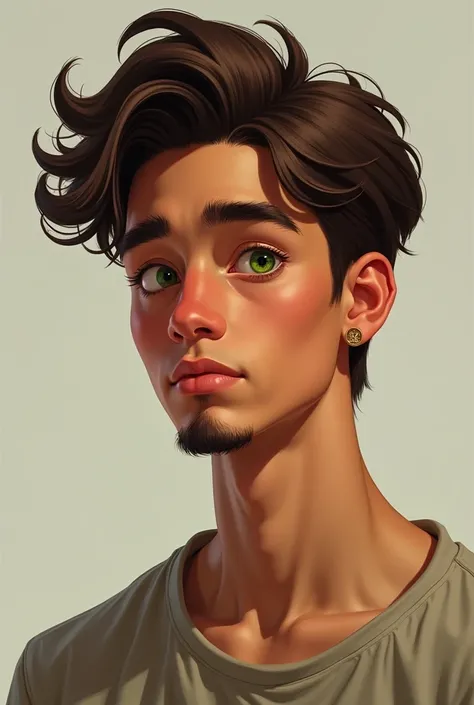  A 17-year-old boy, high, moreno, brown, with a goatee,  green eyes,  wavy hair, Straight Nose, large eyelashes,  fleshy and pink mouth , Not so thin and earring 