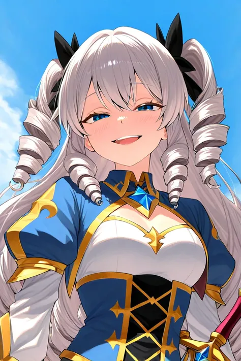 Draw an anime-style illustration　 beautiful  girl with silver hair　Carl's drill hair　 laughs innocently　Happy face with squinting eyes　 fantasy clothes　Adventurer&#39;s Outfit　Equip a sword　The background is forests and mountains　 blue sky