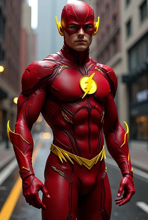 Can you design the Ezar Miller Flash suit but change the red to a red color and the gold highlights tk a lemon yellow color