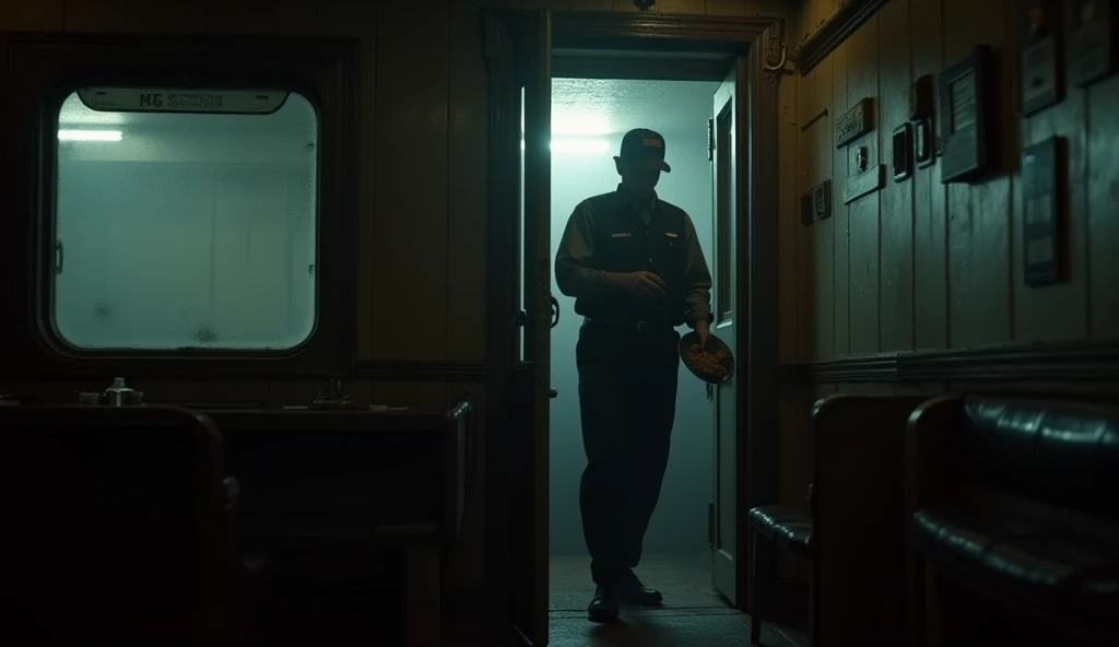 Here’s a detailed prompt incorporating the waiter stepping into the cabin:

"A weary train waiter from the 1980s, dressed in a slightly worn railway uniform, carefully steps into the dimly lit cabin, holding a metal plate of food in one hand. The door crea...