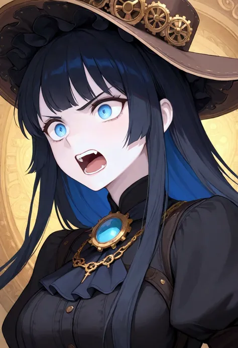 steampunk princess, pale skin, dark hair, facial closeup, vibrant blue colors, black dress and hat, (angry:1.2), (face with toothy open mouth, toothy expression:1.2), (face with the eyes puffy:1.2), (masterpiece, absolutely resolution, incredibly absurdres...