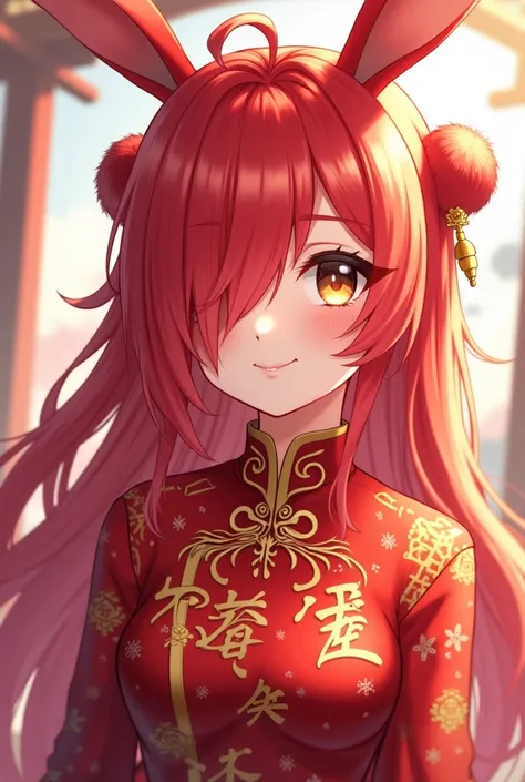 ( top quality,  best quality,  official art  , beautiful and aesthetic :1.2) female anime, rabbit woman, cute girl, long red hair,  hair over the right eye ,  golden eyes,  rabbit ears, red pompous tail ,  red and gold Chinese clothes,  smiling.
