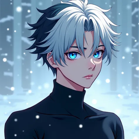 anime cute man 18-year-old, clean design, intricate details, (glowing blue eyes), short parted white/black hair, exotic outfit, evil look, 8k resolution, snowing background, full body,