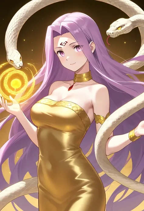 Medusa，Beautiful，A person's upper body ，The lower body of the snake，Magic is working，The background has a golden glow,