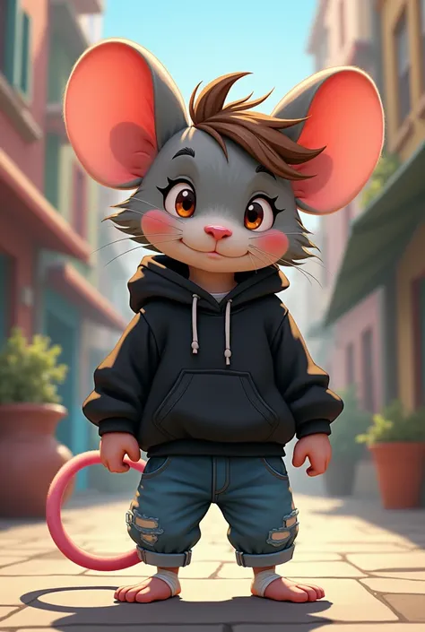 Tiny mouse boy, athletic build, grey fur, pink tail, messy brown hair, black hoodie, blue jeans, white socks, anime art style