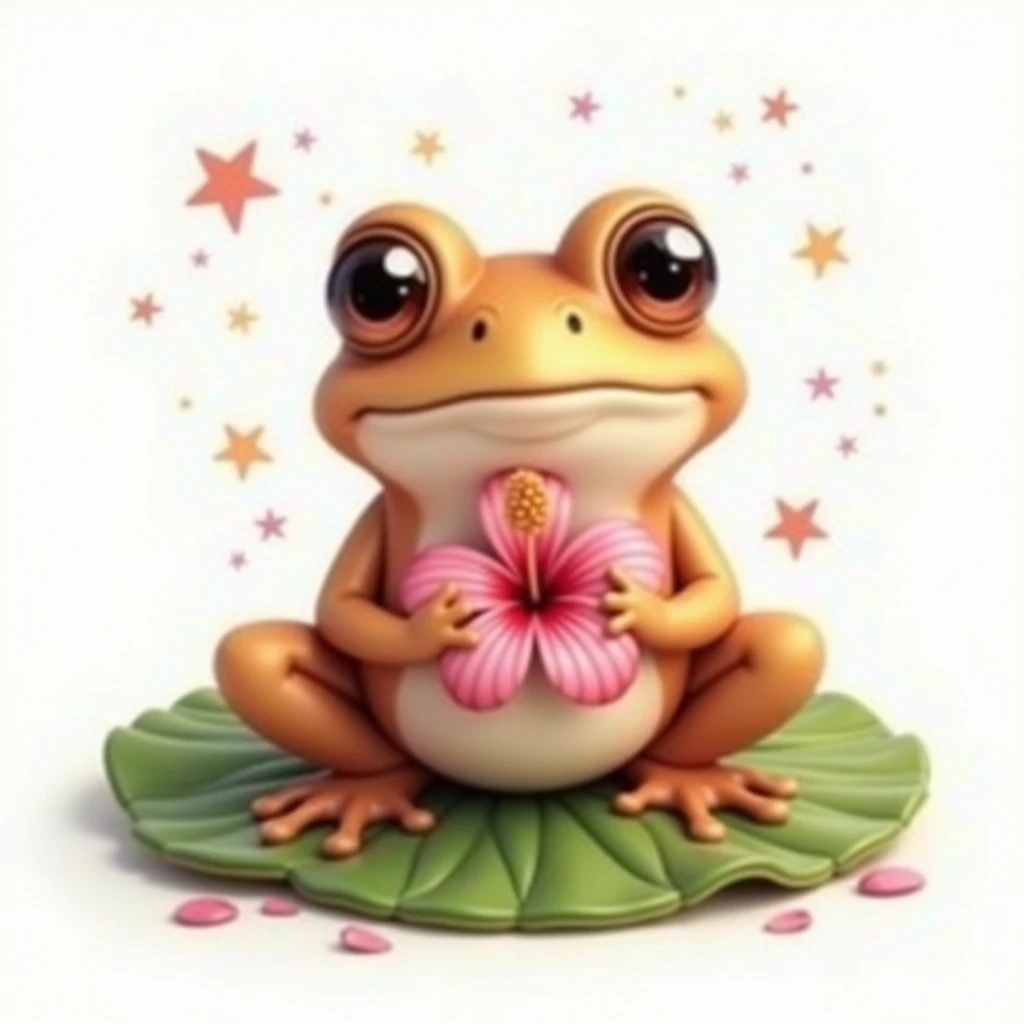 3d brown hue girly frog with big eyes smiling,sitting on a huge lily leaf pad , the frog is holding a dark pink hibiscus🌺 flower, surrounded with twinkling stars and tiny pink petals, white background, clip art, no splash no shadows