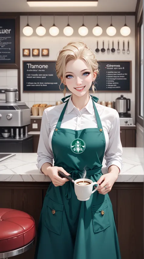  perfect face, perfection anatomy,  top quality,  young woman、26 years old, Comfortable and friendly ,  I'm sitting in a coffee shop booth,  the inside of your apron is unfathomable ,  Naughty mischievous smile , perfection!  thank you! * smiling lovingly ...