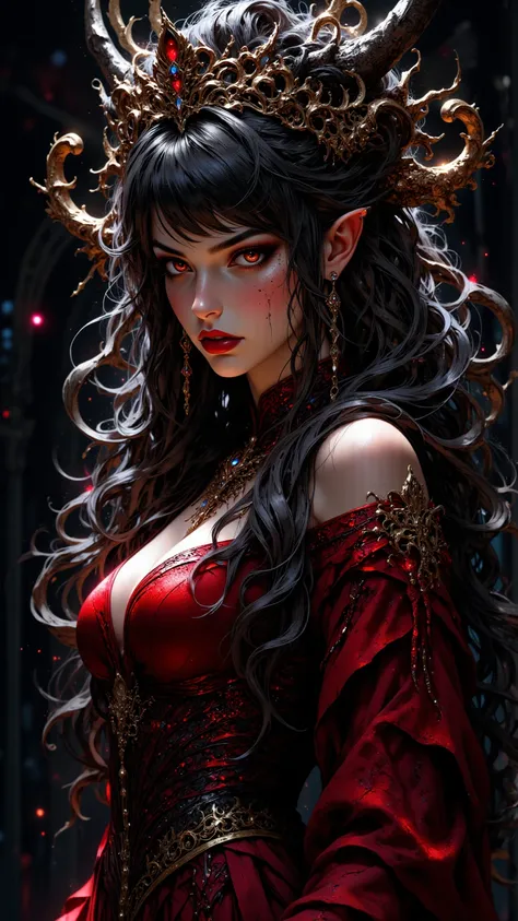 Sexy Fairy ，Dark Queen， Exquisite Face ，red eye，Bangs,  long hair , Big breasts， Sexy Scarlet Dress 